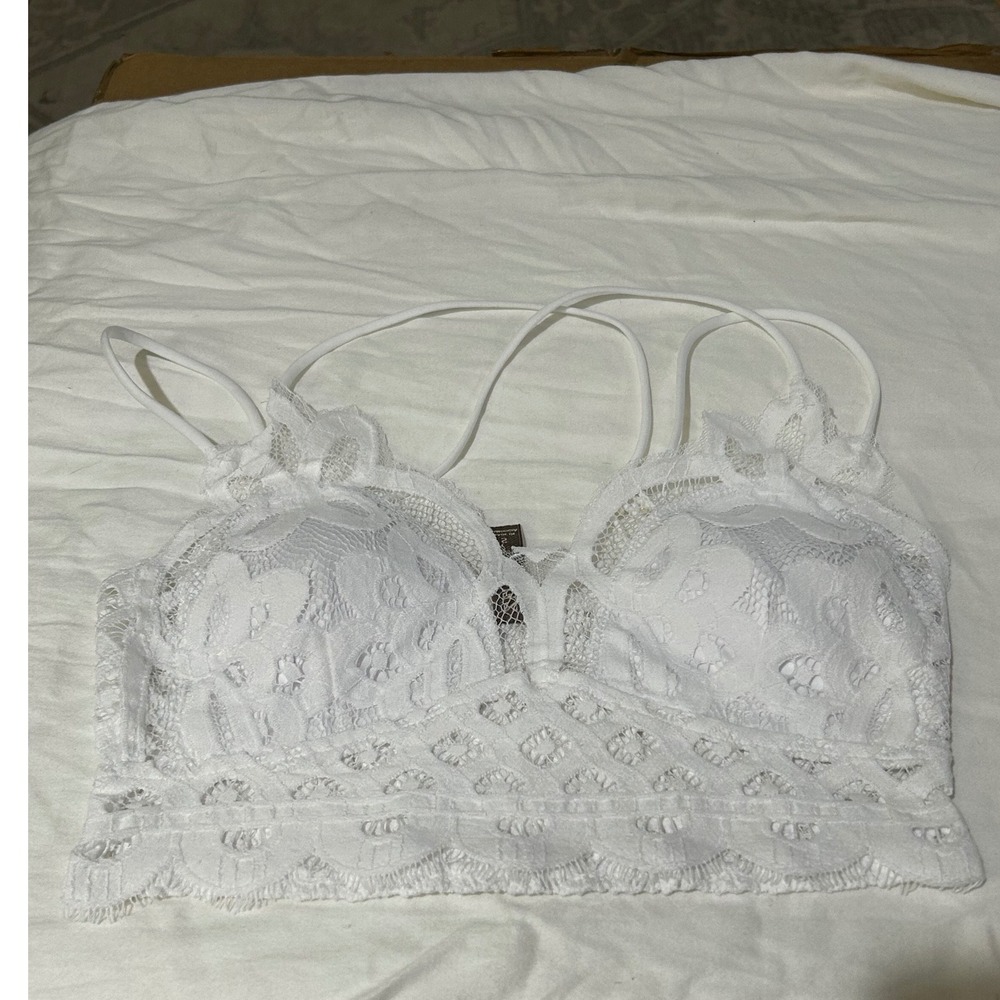 Zenana White Floral Lace Bralette Small Padded Smocked Back Multi Strap Sm Boho